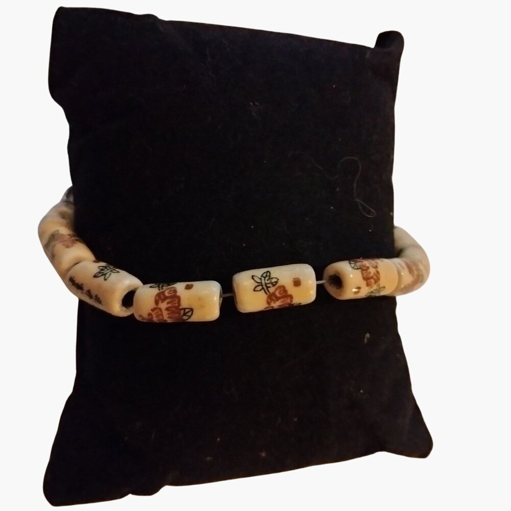 Asian Floral Ceramic Beaded Bracelet Translates  Flower Bloom Wealth